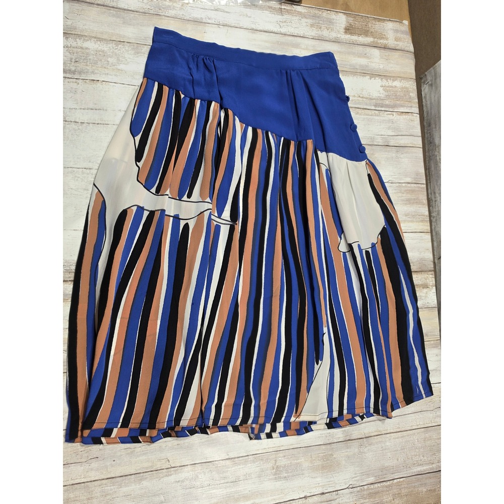 Nicole Ltd Chicago Vintage 100% Silk Striped Midi Skirt Blue Tan Size 6 READ